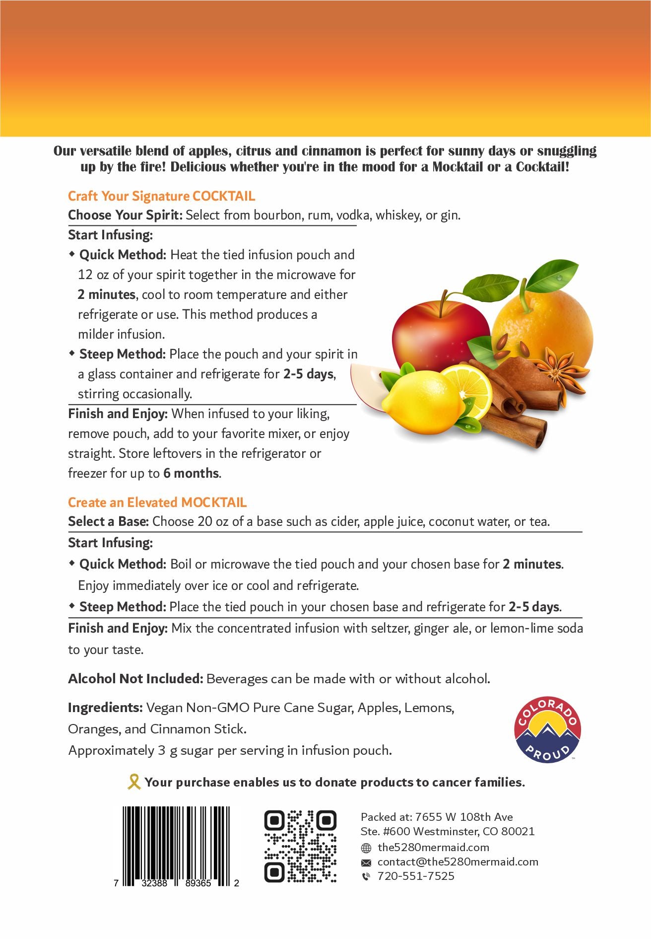 Apples, Citrus & Cinnamon Beverage Infusion Kit MINI; Add Vodka, Rum, Bourbon, Whiskey or Gin