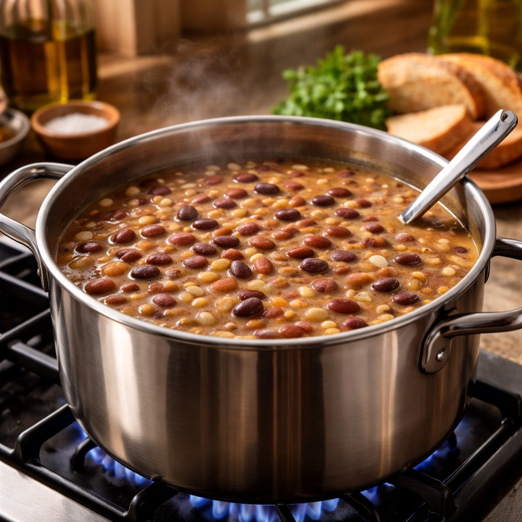 Stovetop with a pot of beans simmering, surrounded by bread and herbs.
