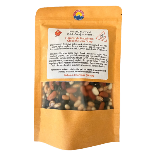 Package of homestyle chicken bean soup mix with visible ingredients on a white background