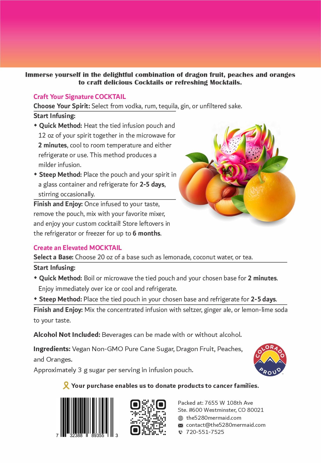 Dragon Fruit, Peaches and Oranges Beverage Infusion Kit MINI; Mocktail or add Vodka, Rum, Gin, or Unfiltered Sake
