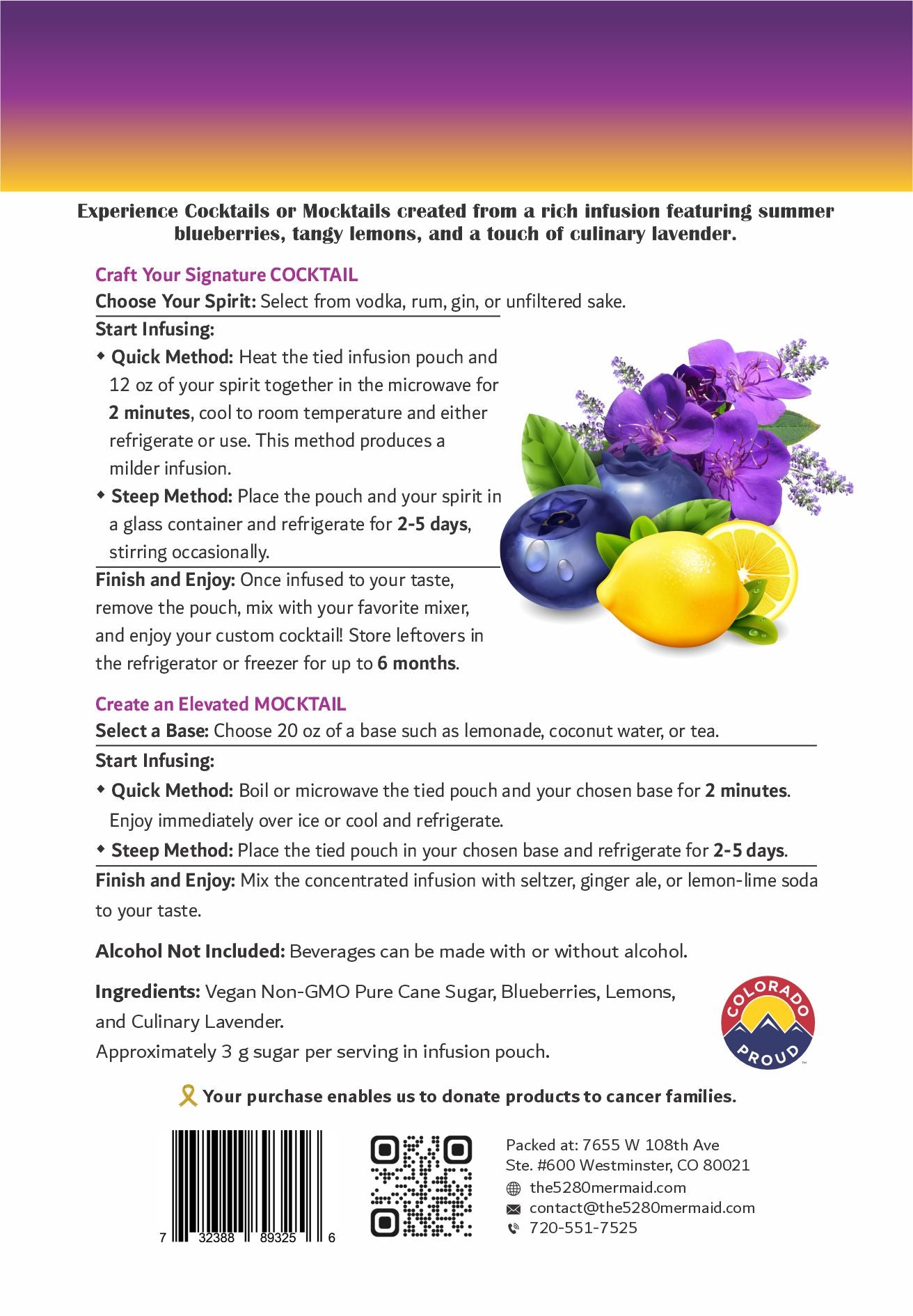 Lavender Blueberry Lemonade Beverage Infusion Kit MINI; Mocktail or add Vodka or Rum, Gin, or Unfiltered Sake.