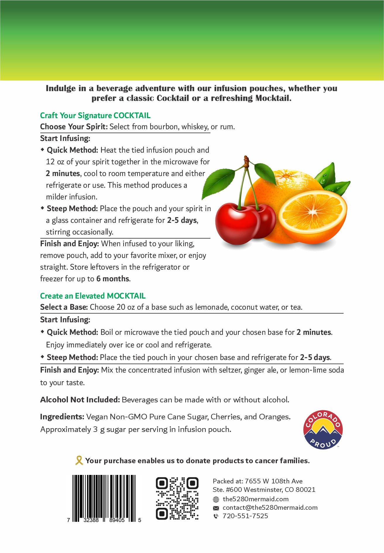 "Old Fashioned" Sweet Cherries & Orange Beverage Infusion Kit MINI; Add Bourbon, Rum or Whiskey