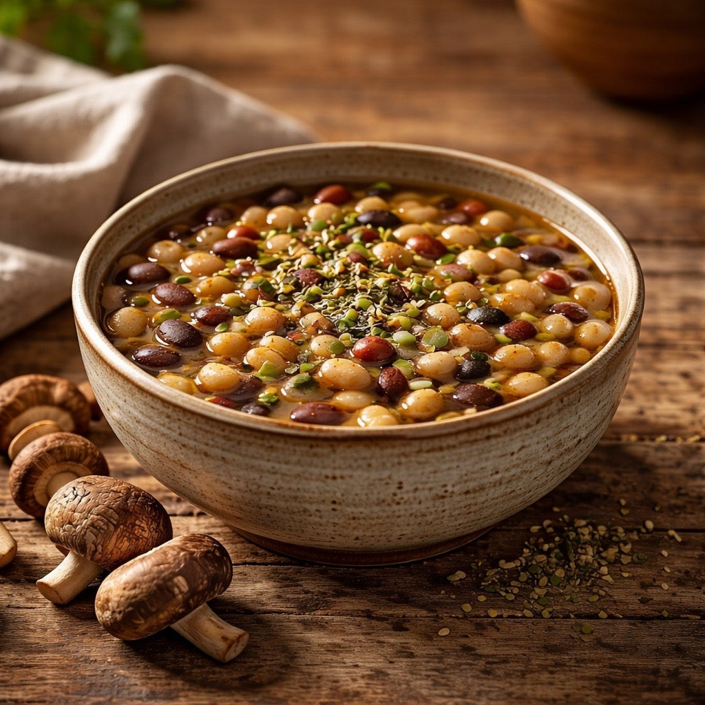 Bowl of bean soup with mushrooms on a wooden surface