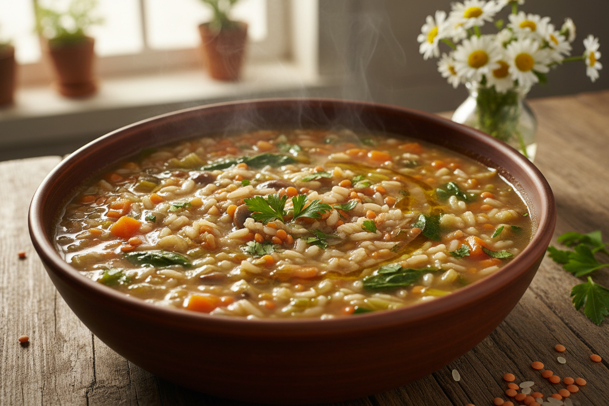 Vegetarian Broth with Rice & Lentil Soup