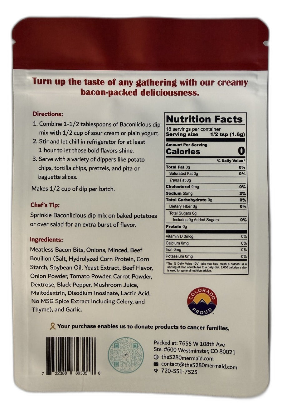 Baconlicious Bacon Dip Mix back with directions and nutrition facts