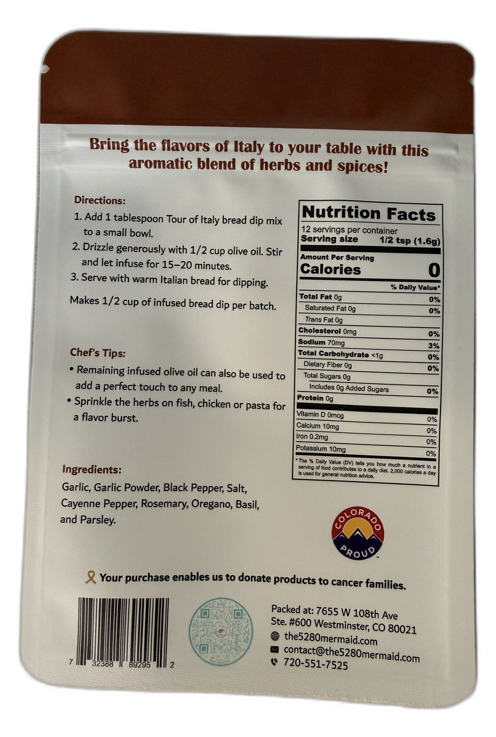 Tour of Italy Bread Dip Mix package back with directions, nutrition facts, and ingredients