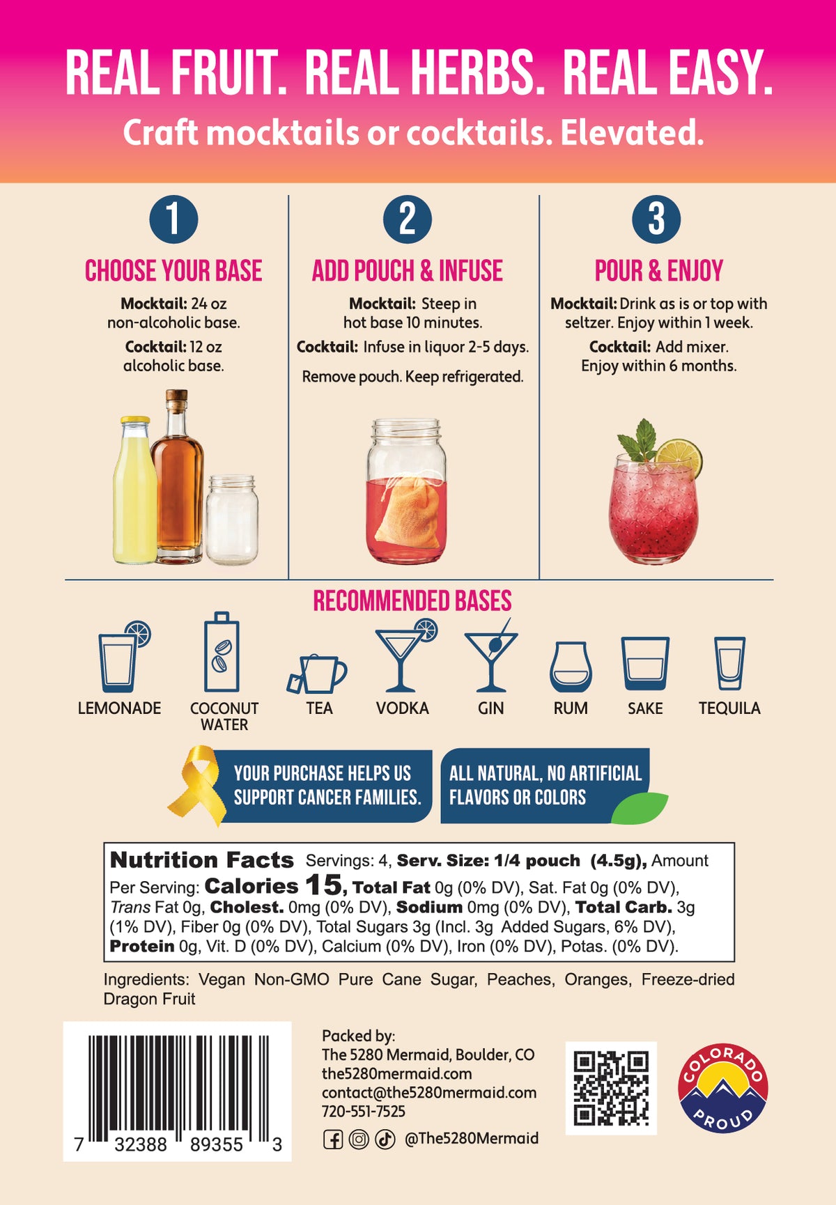 Dragon Fruit, Peaches and Oranges Beverage Infusion Kit MINI; Mocktail or add Vodka, Rum, Gin, or Unfiltered Sake