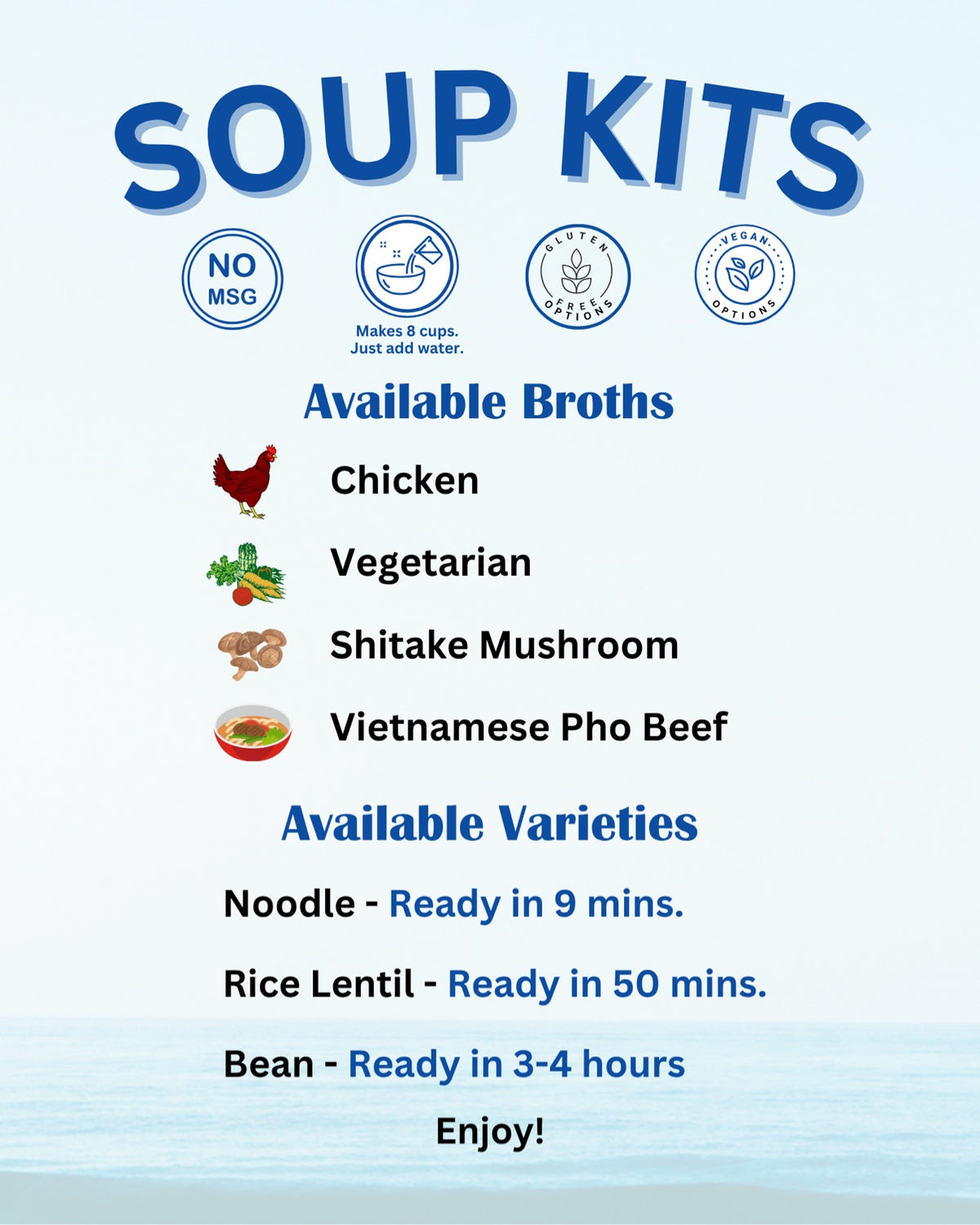 Soup Kits options chart: available broths and varieties with cook times