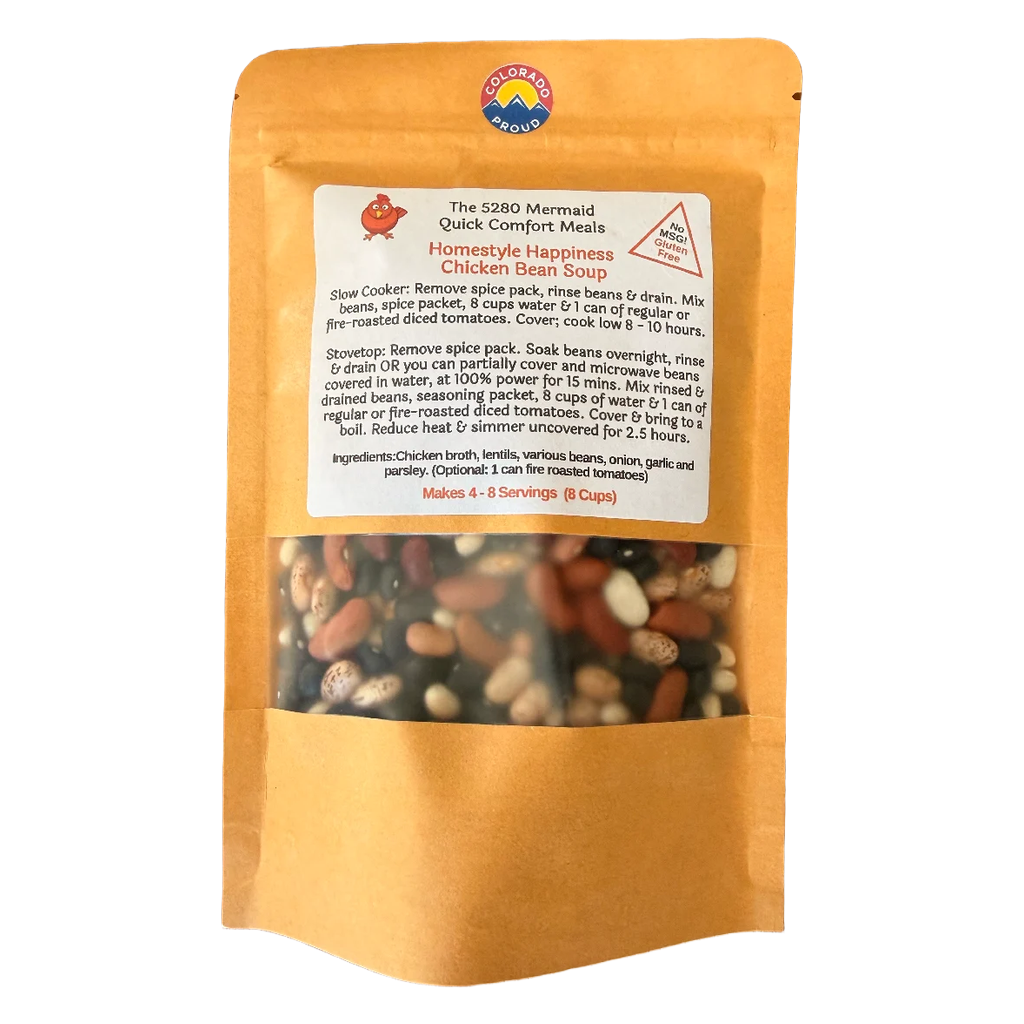 Package of homestyle chicken bean soup mix with visible ingredients on a white background