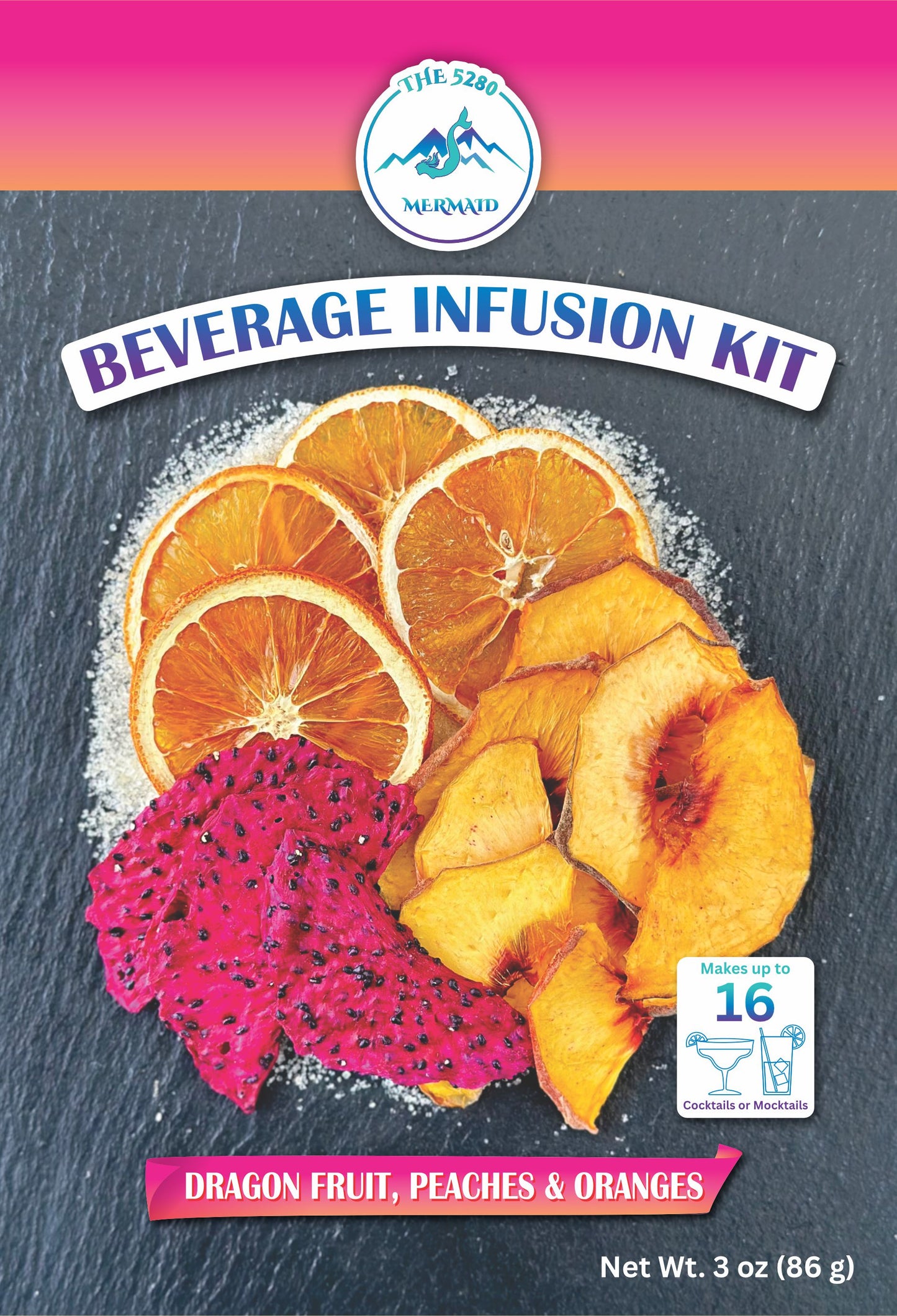 Dragon Fruit, Peaches and Oranges Beverage Infusion Kit; Mocktail or add Vodka, Rum or Gin