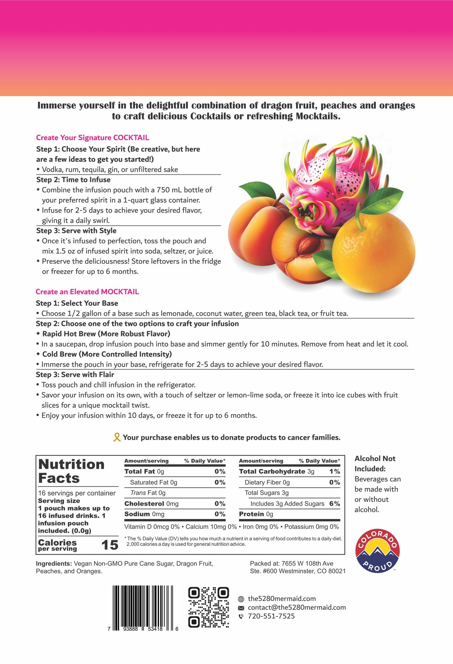 Dragon Fruit, Peaches and Oranges Beverage Infusion Kit; Mocktail or add Vodka, Rum or Gin