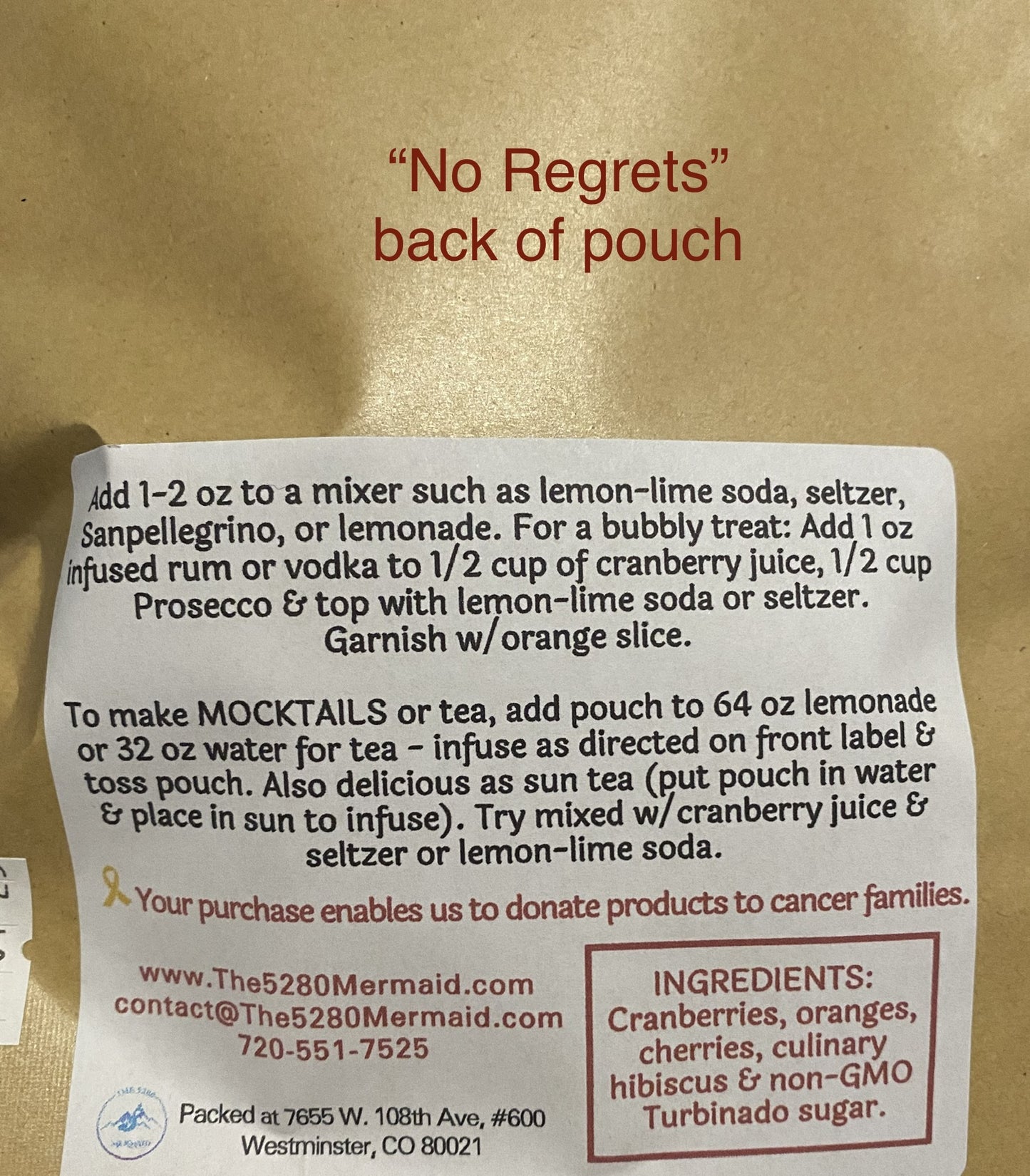 "No Regrets" Cranberry Hibiscus, Cherry & Orange Beverage Infusion Kit; Mocktail or add Vodka or Rum.