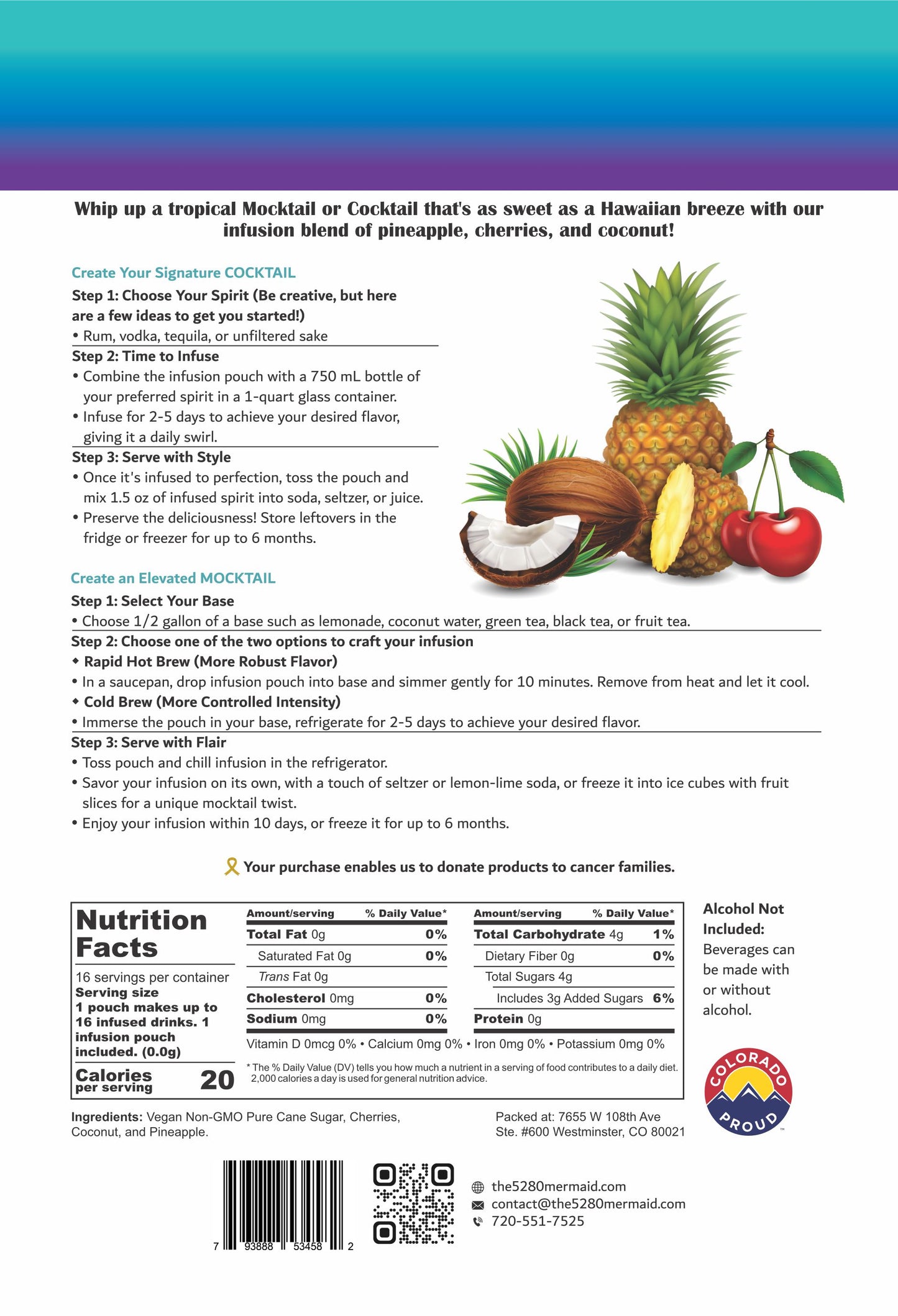 "Pina Colada" Pineapple, Coconut & Cherries Beverage Infusion Kit; Mocktail or add Vodka, Rum or Tequila