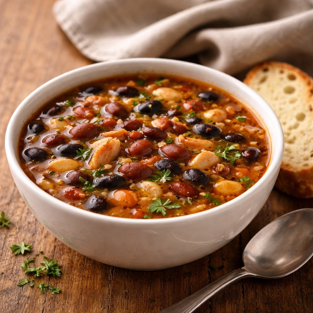 White bowl of hearty soup with beans and chicken on a wooden table with bread and a spoon.