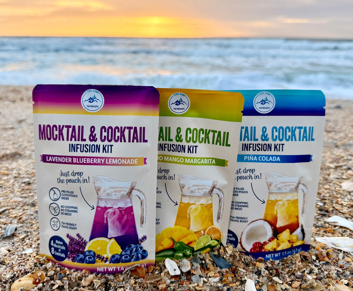 Mini Starter Bundle: three mini Mocktail and Cocktail infusion kits on the beach at sunrise, Wrightsville Beach
