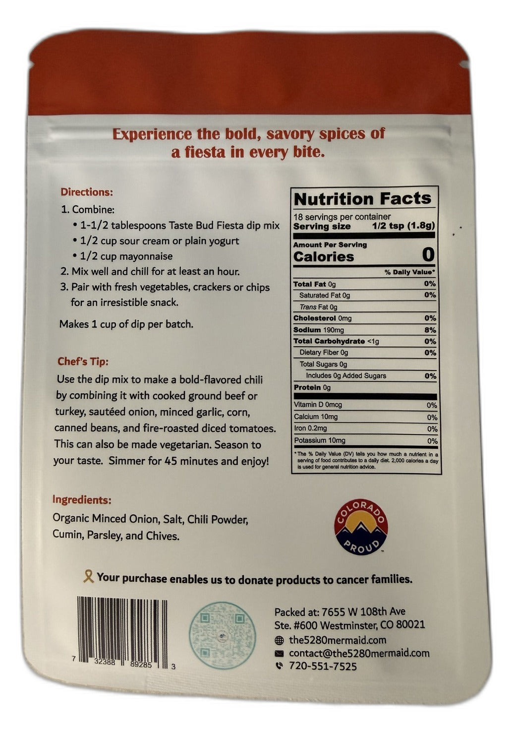 Taste Bud Fiesta Dip Mix package back with directions, nutrition facts, and ingredients