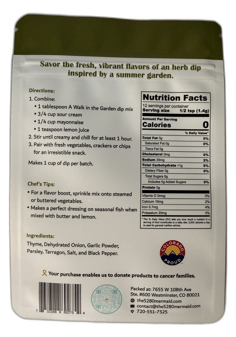 A Walk in the Garden Veggie Dip Mix back with directions and nutrition facts