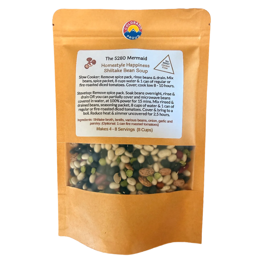 Package of gluten-free shiitake bean soup mix dry blend by The 5280 Mermaid