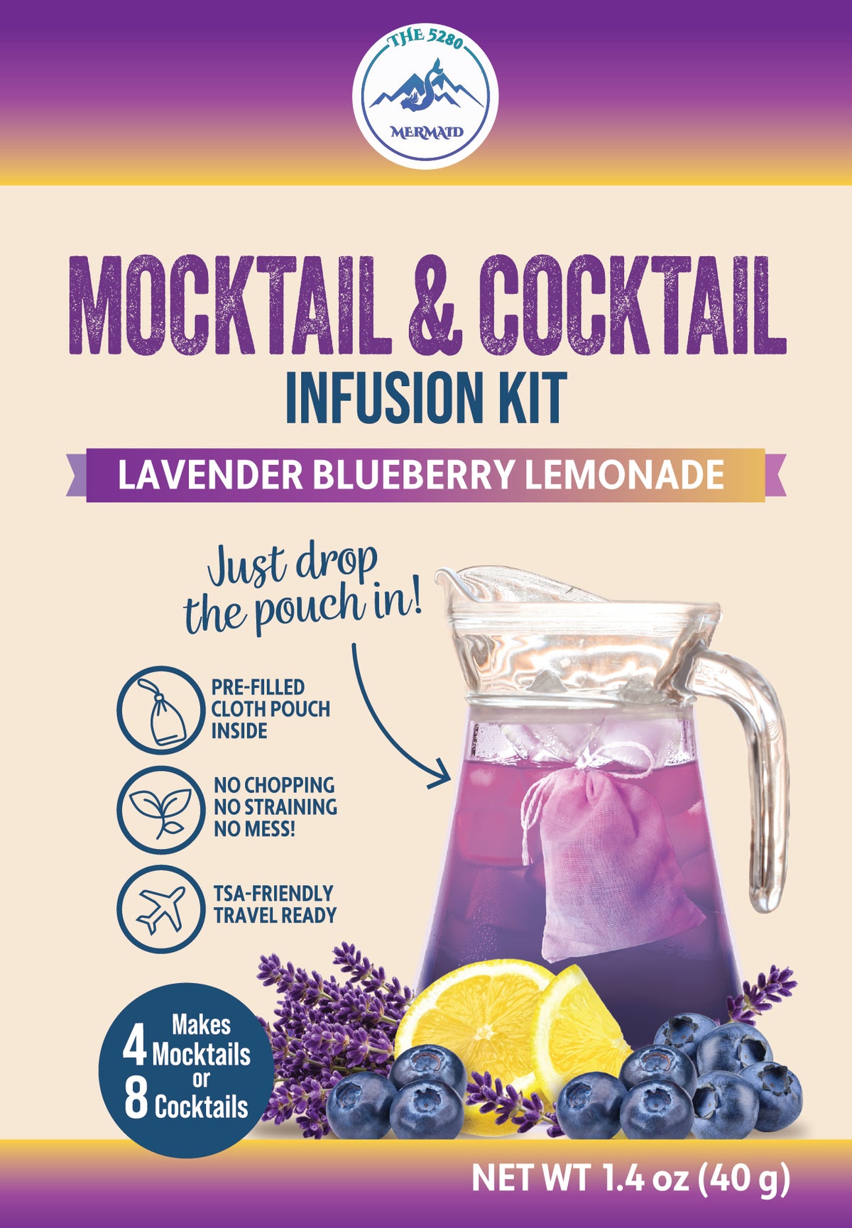 Lavender Blueberry Lemonade Beverage Infusion Kit MINI; Mocktail or add Vodka or Rum, Gin, or Unfiltered Sake.