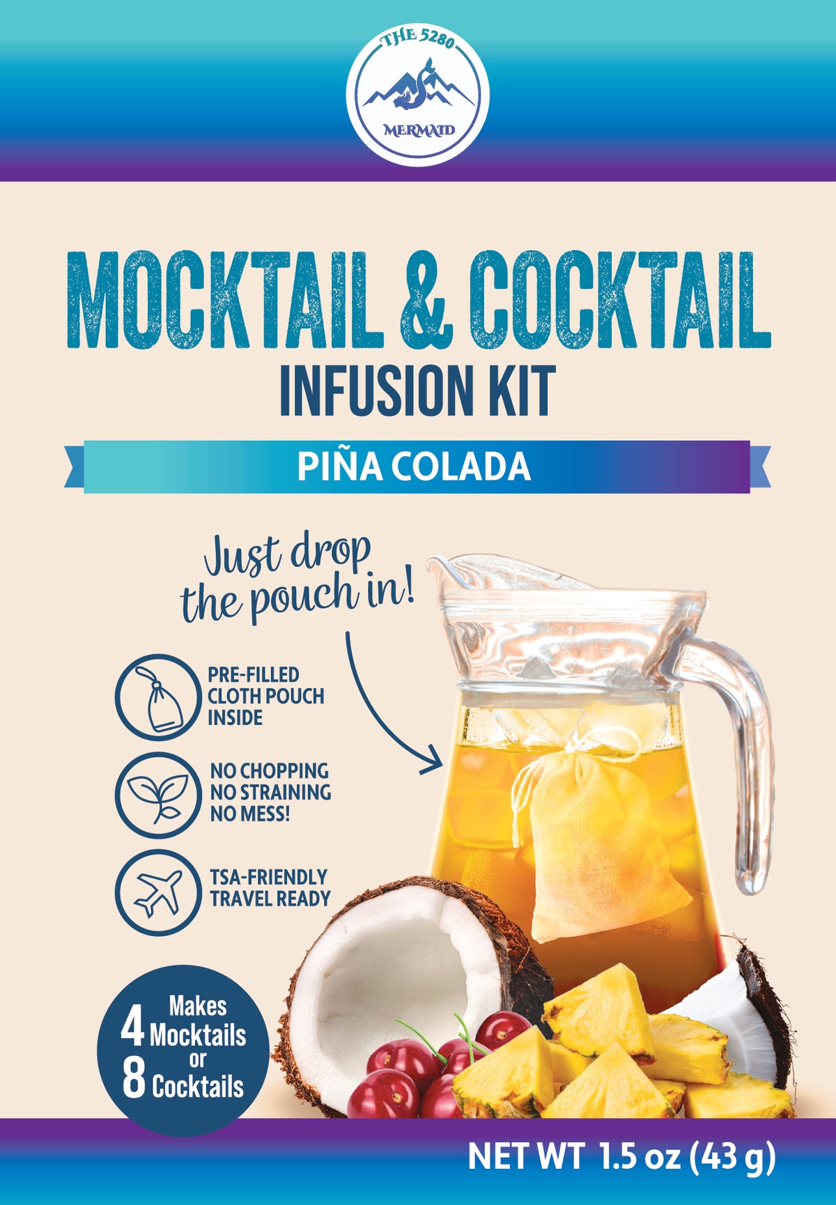 "Pina Colada" Pineapple, Coconut & Cherries Beverage Infusion Kit MINI; Mocktail or add Vodka, Rum, Tequila or Unfiltered Sake