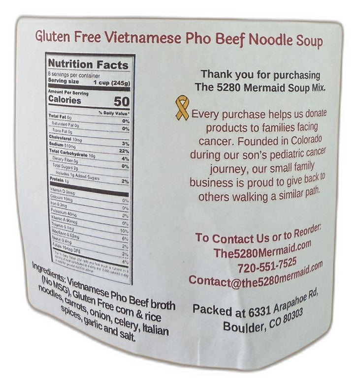 Gluten Free Vietnamese Pho Beef Noodle Soup back label with ingredients and nutrition