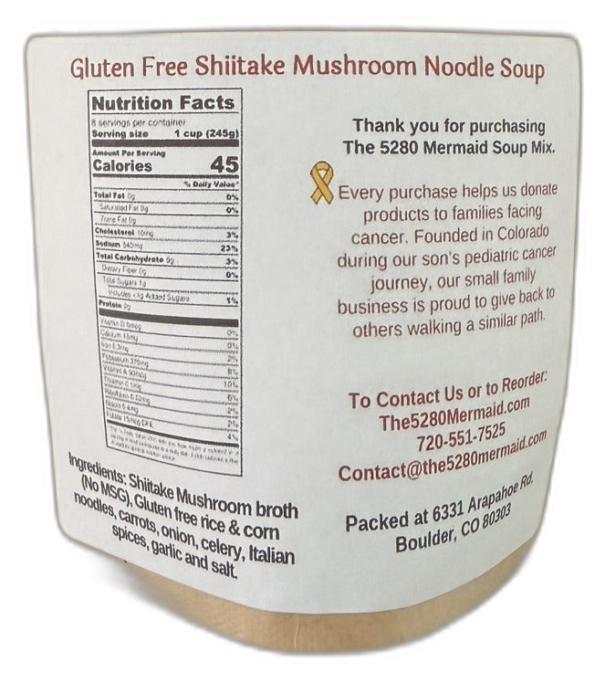 Gluten Free Shiitake Mushroom Noodle Soup back label with ingredients and nutrition