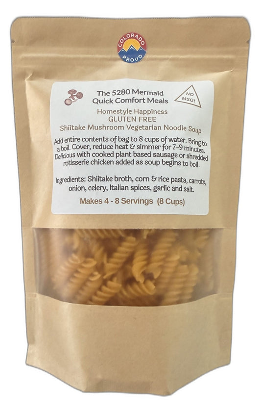 No MSG Shiitake Mushroom Vegetarian Noodle soup mix package from The 5280 Mermaid