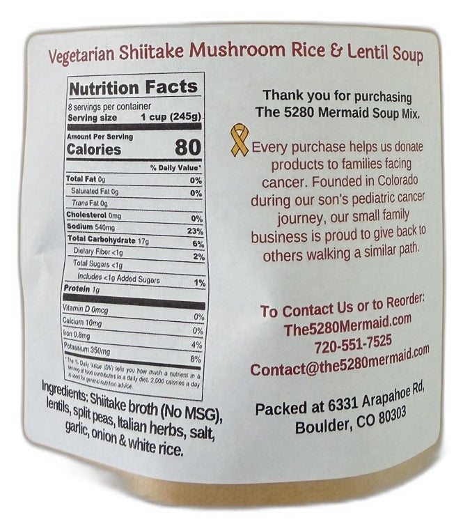 Vegetarian Shiitake Mushroom Rice and Lentil Soup back label with ingredients and nutrition