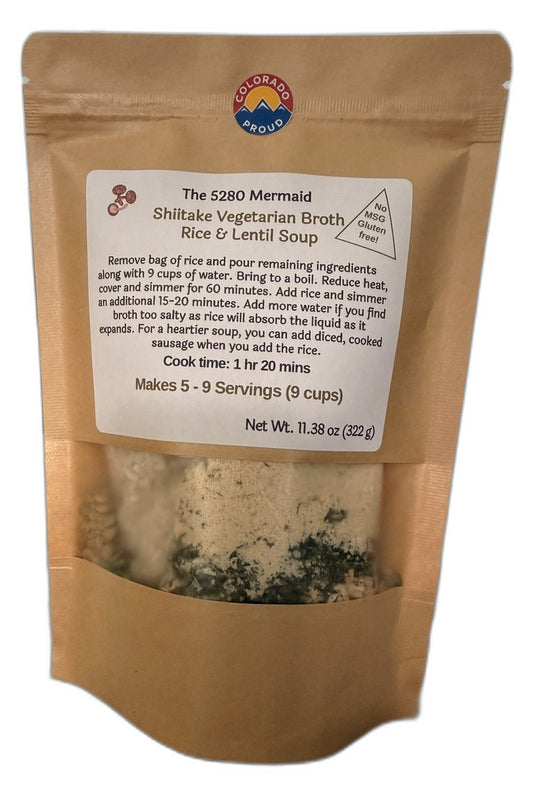 No MSG Shiitake Vegetarian Broth Rice & Lentil soup mix package from The 5280 Mermaid