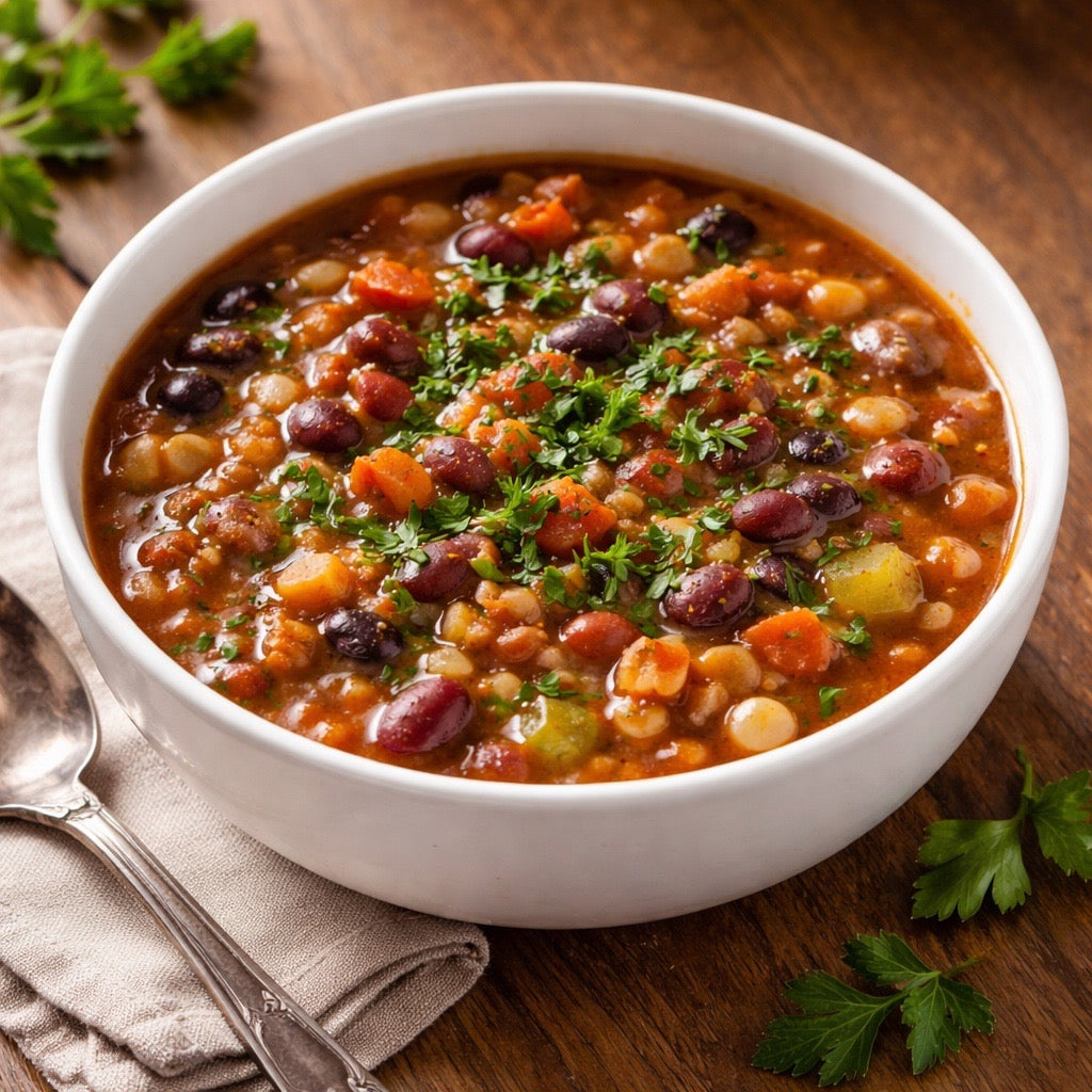 White bowl of bean soup with vegetables on a wooden table