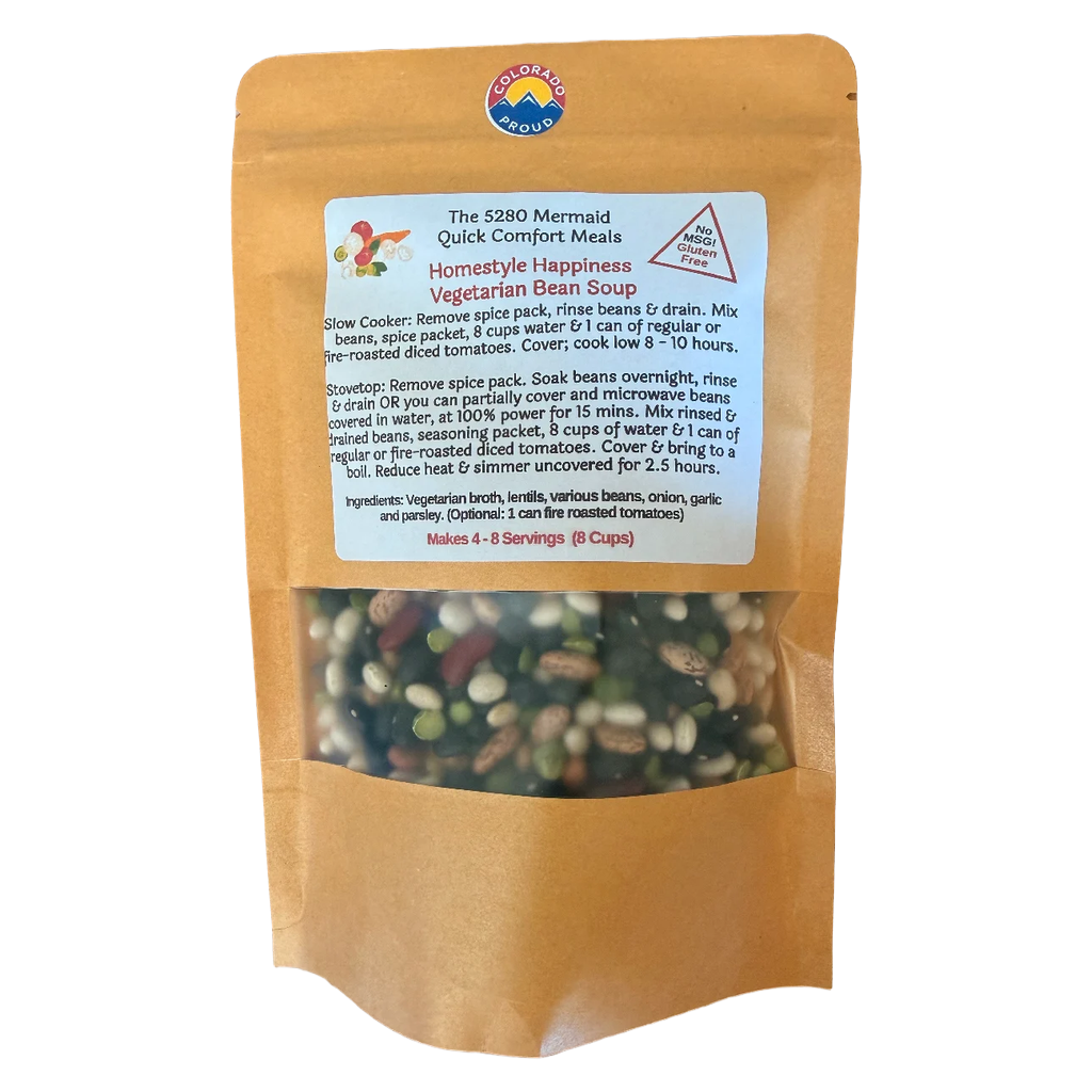 Package of homestyle vegetarian bean soup mix with visible ingredients on a white background