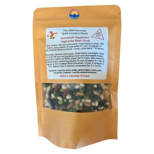 Package of homestyle vegetarian bean soup mix with visible ingredients on a white background